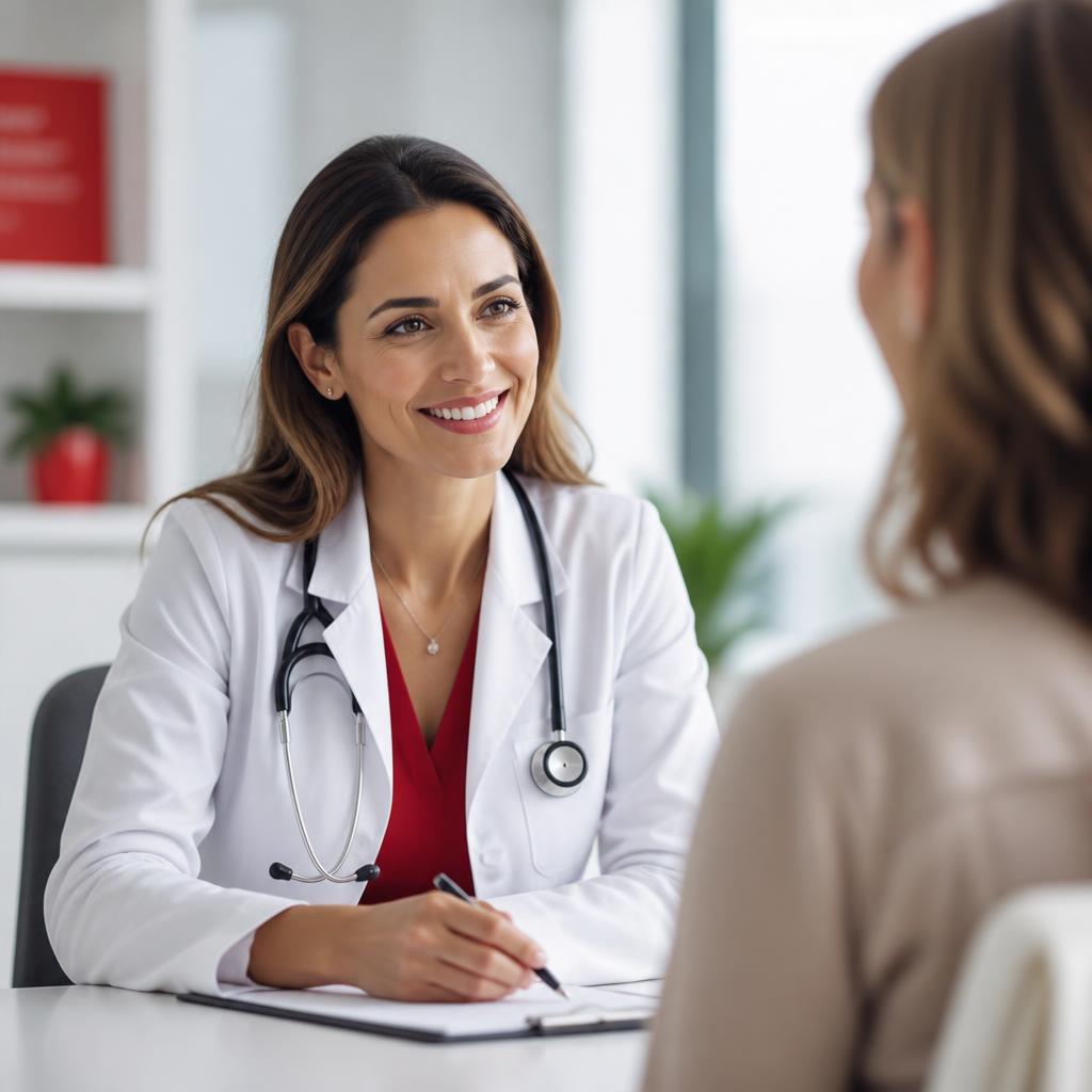 Médica sorrindo enquanto conversa com uma paciente em consultório moderno