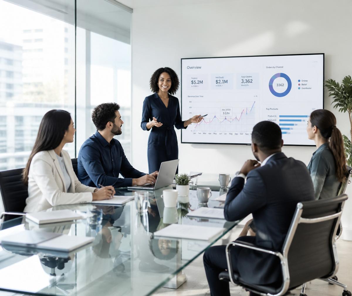 Equipe corporativa analisando indicadores em uma reunião moderna
